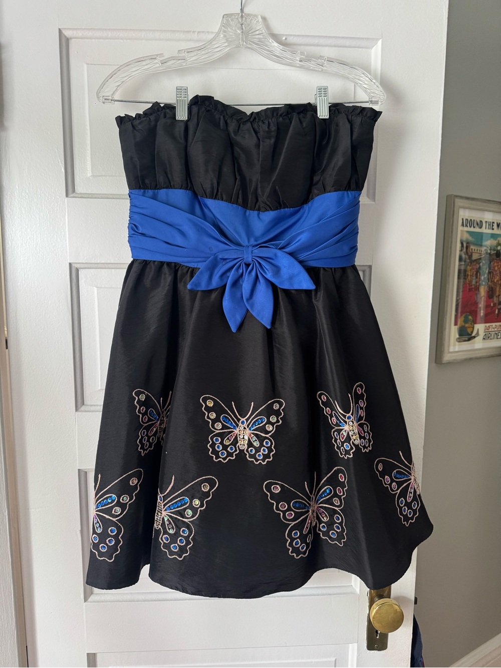 Betsy JohnsonBlack Strapless Dress with Royal Blue Sash and Butterfly Embroidery